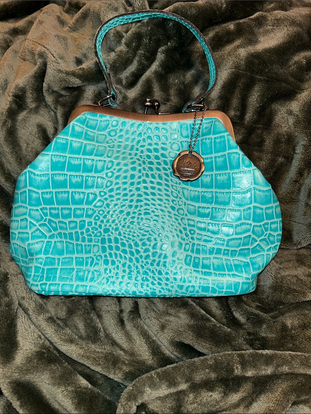 Patricia Nash Turquoise Croc-Embossed Frame Wristlet